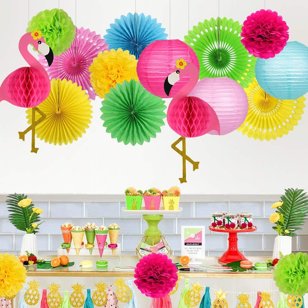 Zilue Flamingo Party Decorations Hawaiian Party Supplies Flamingo Honeycomb Ball Paper Lanterns Tissue Paper Fan for Luau Tropical Birthday Party Summer Decor image number 4
