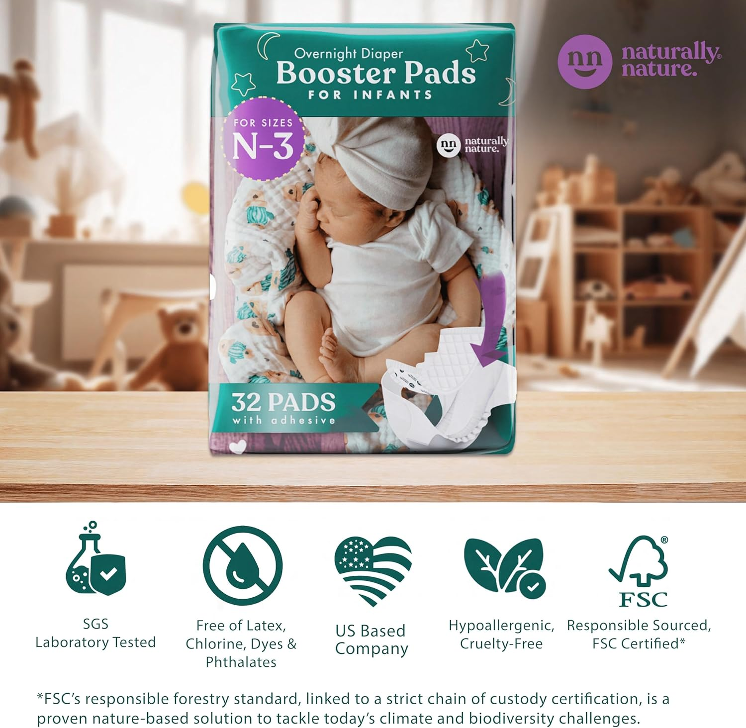 Naturally Nature Diaper Booster Pads Stop Nighttime Leaks, Adhesive Liners for Baby Overnight Diapers - Size N-3 Boys, 96-Pack - Disposable Diaper Pads for Infants image number 4