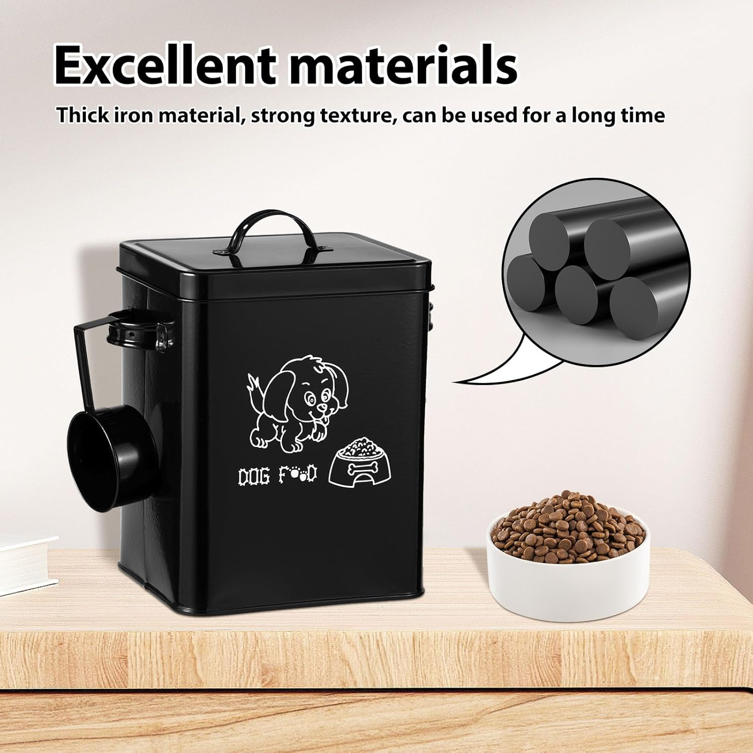 Fwqofvk Dog Food Storage Container, Metal Cat Food Storage Container, Good Sealing Square Dog Can with Lid and Spoon, Pet Chow Storage Canister Tin for Home 18&times;15.5&times;23Cm Black image number 2