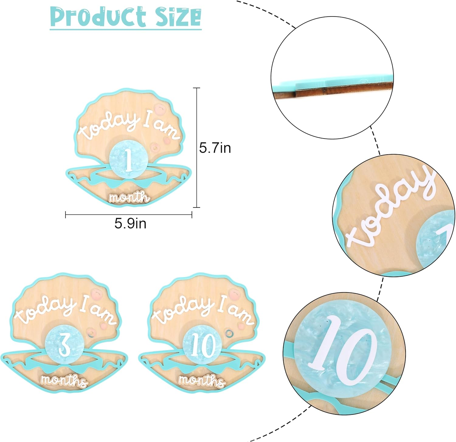 Wooden Mermaid Monthly Milestone Cards - Seashell Newborn Baby 1-12 Months Milestone Set, Baby'S First Year Set, Mermaid Nursery Decor (Green Seashell Monthly Card) image number 4