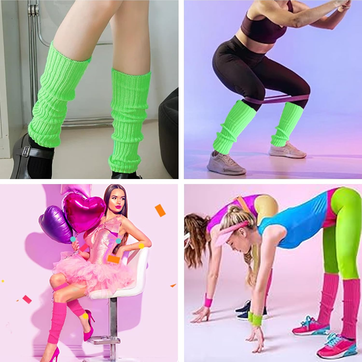 COWANIEE 2 Pairs Neon Leg Warmers+2 Pairs Fishnet Gloves 80S Fancy Dress Costume for Women and Girls (Rose Red, Fluorescent Green) image number 2