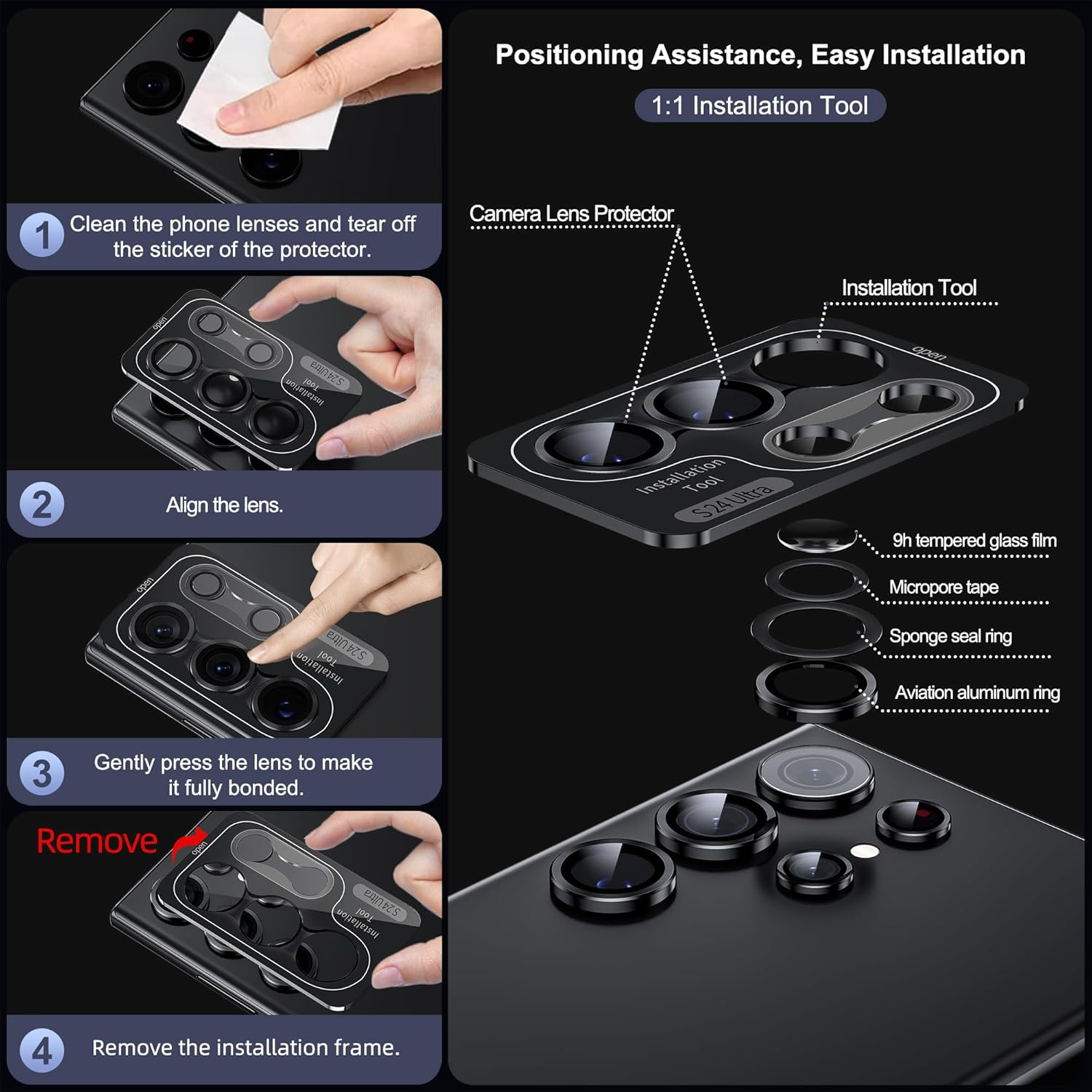 WSKEN for Samsung Galaxy S24 Ultra Camera Lens Protector, Ultra Thin Scratch Resistant 9H Tempered Glass with Aluminum Metal Circle Camera Screen Protector Cover Accessories, Black image number 6