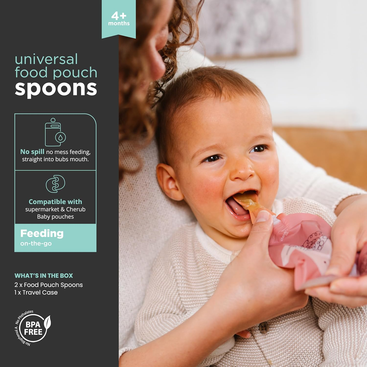 Cherub Baby Universal Reusable Non-Spill Baby Food Pouch Squeeze Spoon Topper Attachment 2 Pack with Travel Case - Cerulean/Sage - Dusty Rose/Sand image number 6