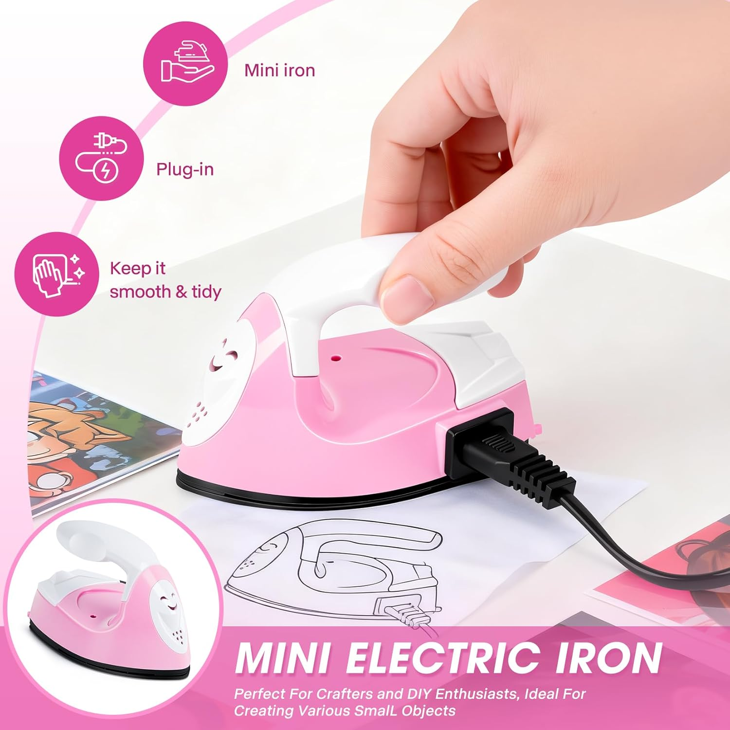Mini Craft Iron, Pink Mini Heat Press Machine, Portable Travel Handy Heat-On for DIY Transfer Projects, Crafting Clothes image number 5