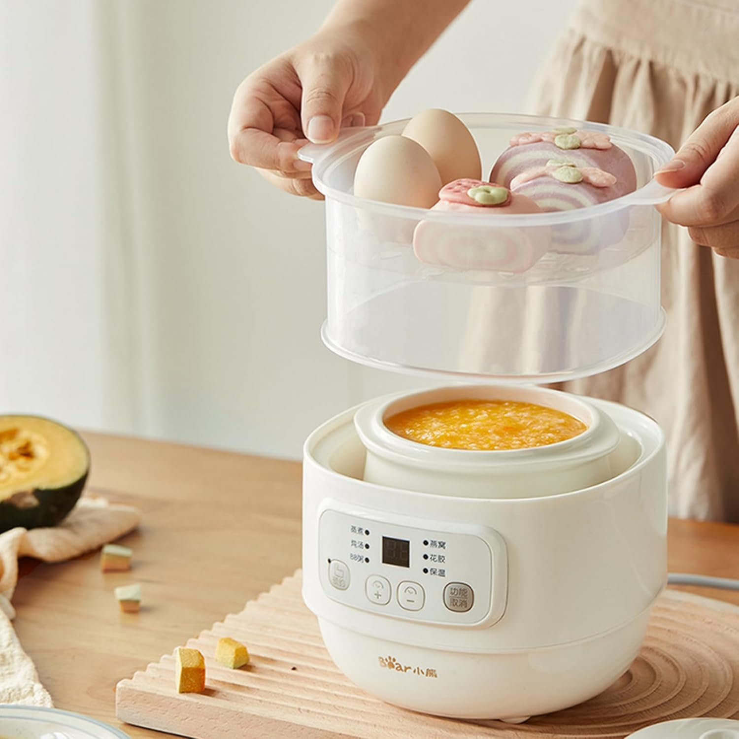 Electric Stew Pot, 0.8L Mini Ceramic Slow Cookers, 6 Smart Menus, 9.5H Appointment & Keep Warm, for Household Stew Pot, Soup, Baby Porridge, Desserts (Almond, AU Adapter)