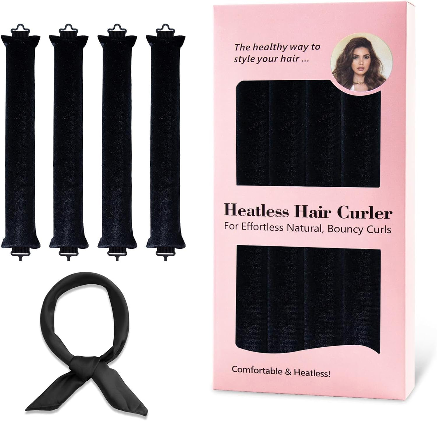 Heatless Hair Curler Rod Headband for Women Girls, Sleep Overnight Heatless Curling Rollers Set Styling Tools, 4 Pack Black Curling Rods with One Silk Head Scarf image number 4