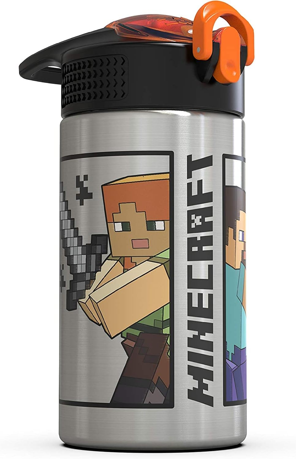 Zak Designs Minecraft - Stainless Steel Water Bottle with One Hand Operation Action Lid and Built-In Carrying Loop, Kids Water Bottle with Straw Spout Is Perfect for Kids (15.5 Oz, 18/8, Bpa-Free)