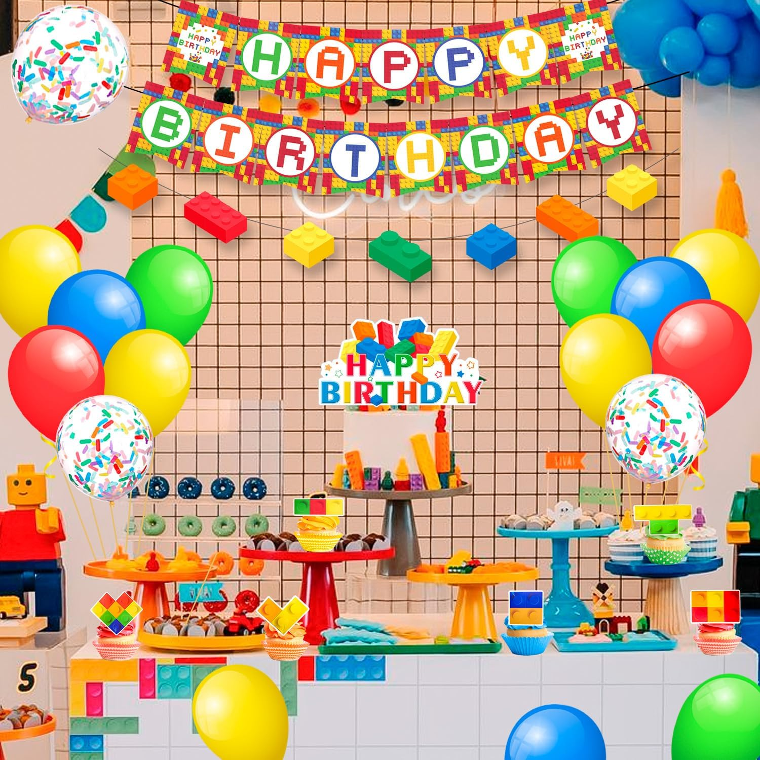 Block Party Decorations,53 Pcs Building Blocks Birthday Decorations Set - Building Block Birthday Balloons,Building Block Banner Cake Topper Etc Colorful Building Block Birthday Party Supplies image number 2