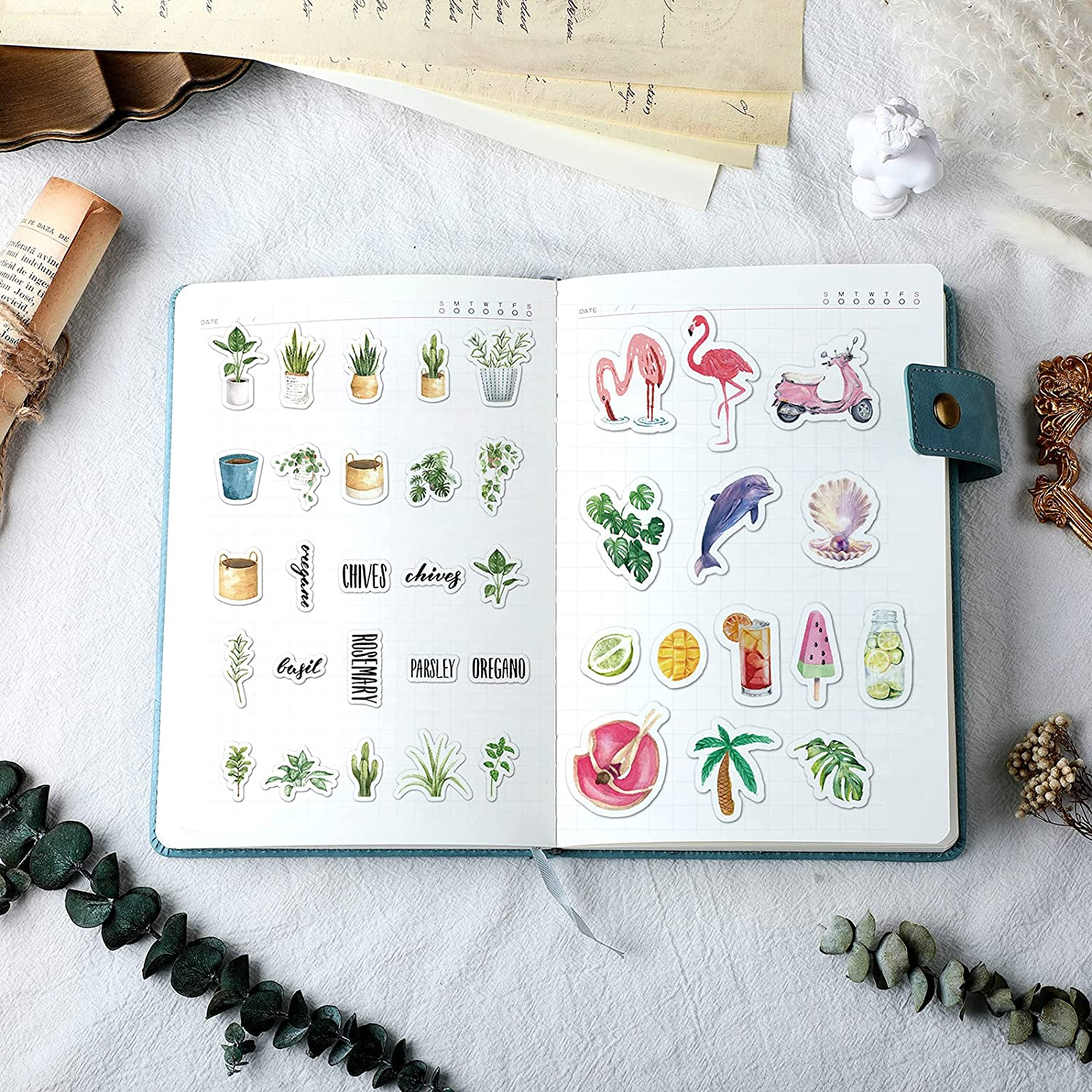 Outus 640 Pieces Watercolor Various Theme Stickers Pretty Scrapbook Stickers Including Four Seasons Forest Flower Animal the Sea for DIY Scrapbook Planners Calendars Travel Case Laptop (Warm Style) image number 5