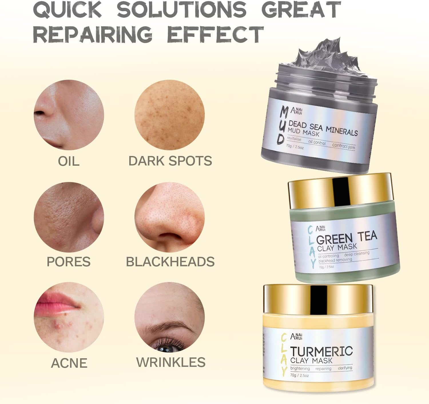 ANAI RUI Turmeric Clay Mask - Green Tea Clay Mask - Dead Sea Minerals Mud Mask, Spa Facial Mask Set, 2.5 Oz Each image number 4