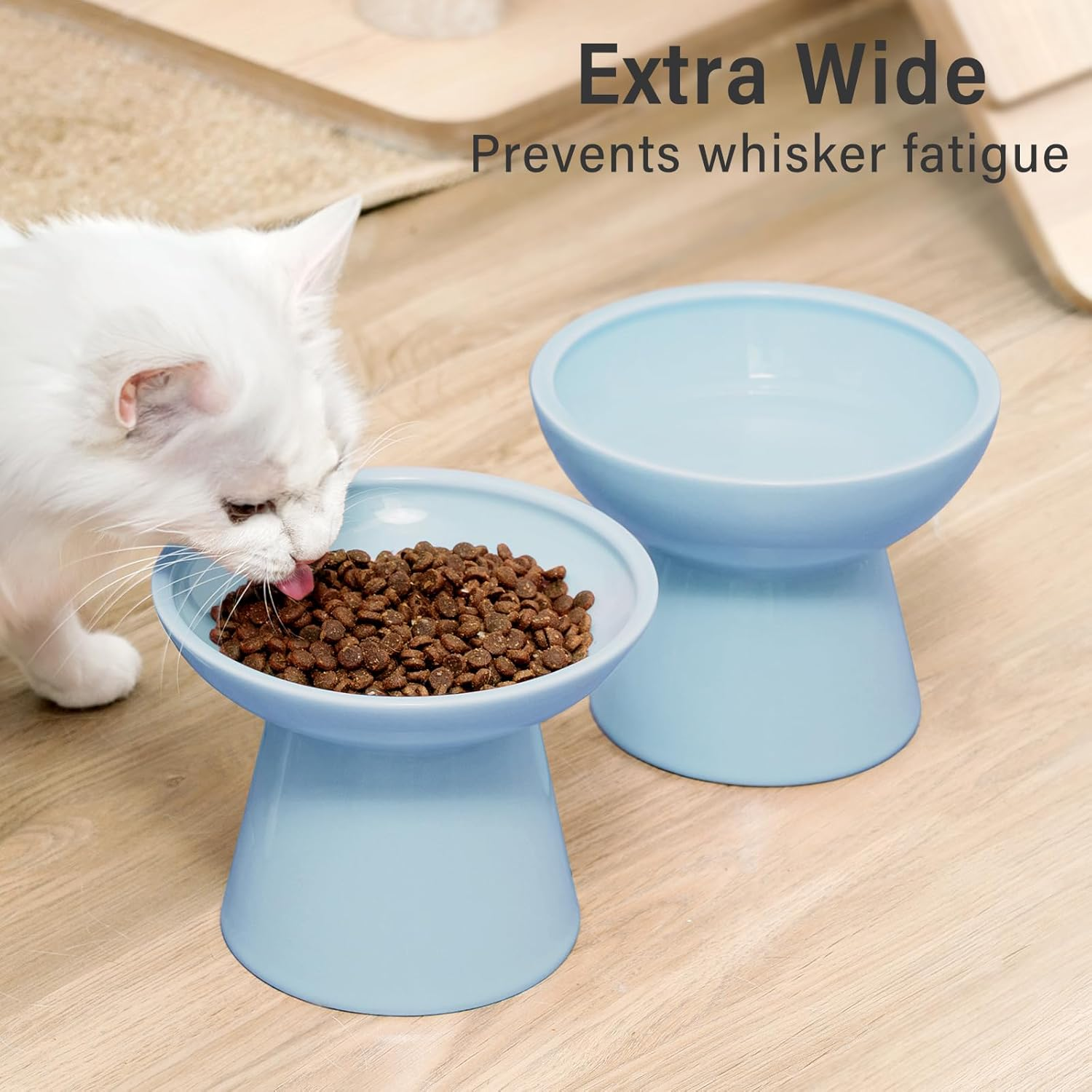 CEEFU Extra Wide Elevated Ceramic Cat Water Bowl - 6.2" Deeper Dish for Whisker Fatigue Relief, 5" Height for Easy Feeding, Lead & Cadmium Free, Durable Raised Cat Bowls, Blue image number 2