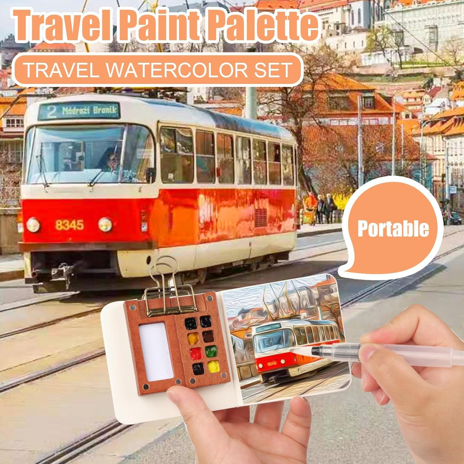 Eukyplace Mini Watercolour Kit &ndash; 24 Colors Mini Watercolour Travel Set with Wooden Gouache Paint Palette, Water Colour Paint Set with Brush & Paper &ndash; Portable Art Kit for Beginners & Artists image number 5