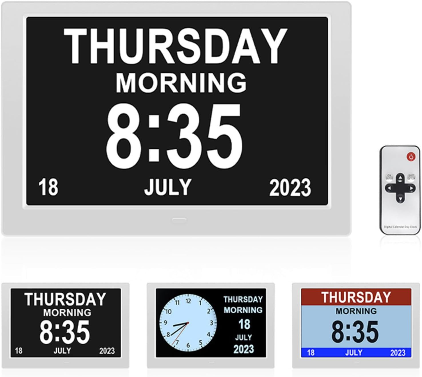 Digital Calendar Alarm Day Clock - 7" LED Dementia Clock Large Screen Display, 12/24Hr Remote Control for Extra Large Aged Seniors, Home D&eacute;cor Desk, Wall Mounted Black/White (White) - White image number 5
