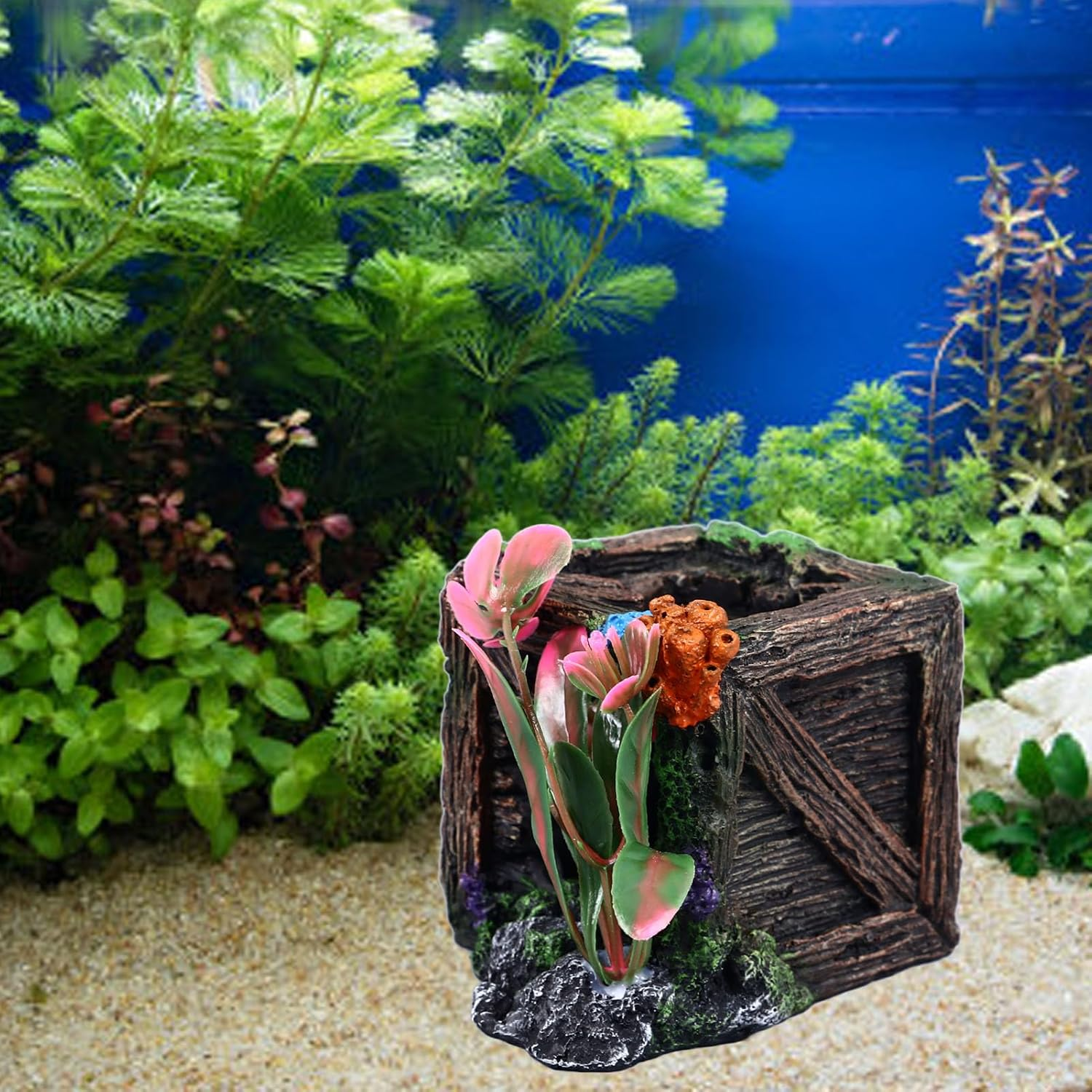 Aladeno Wooden Crate Aquarium Decorations Fish Tank Decoration Hideout for Fish Shrimp Hollow Scenic Aquarium Accessories Vivid Underwater Aquarium Decorations Suitable For image number 1