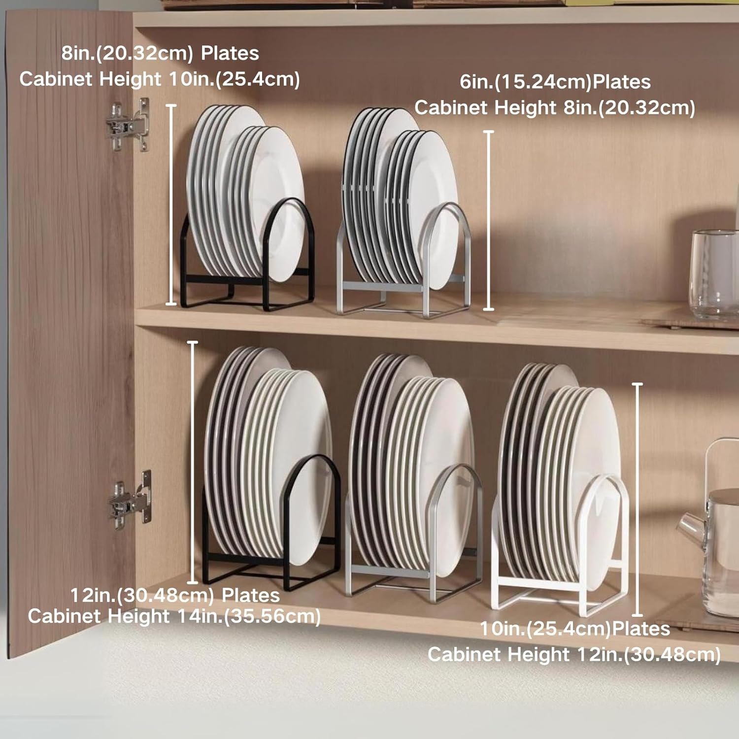 4 Pack Kitchen Plate Holder Organizer for Cabinet Space Saver Dinner Dish Plate Storage Rack Upright Dish Drying Racks Metal Dish Racks Stand for Cupboard and Countertop 2 Large 2 Small Black image number 6