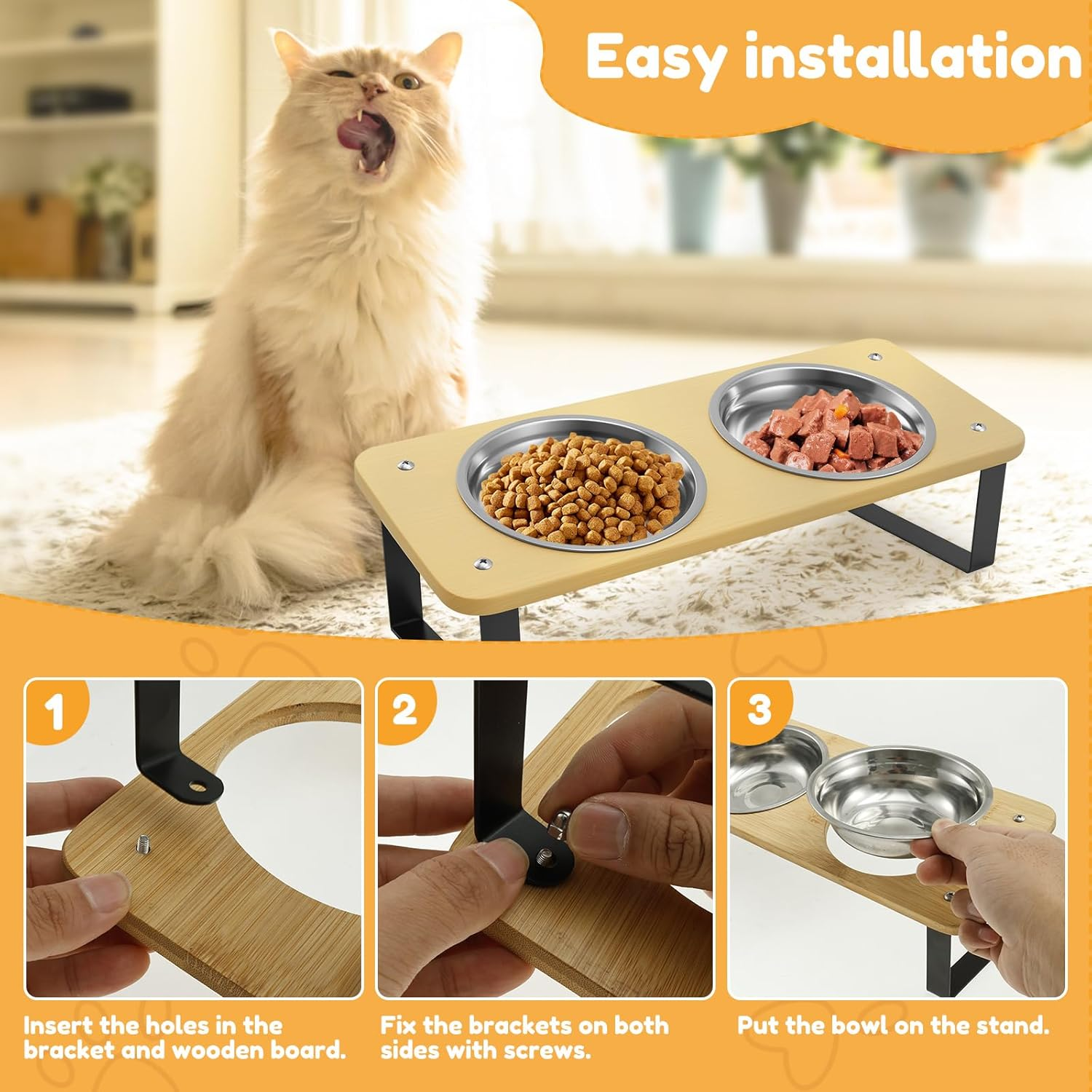 UKQRRTC Cat Food Bowls with Iron Wood Stand, Detachable 15 Degree Tilted Elevated Cat Bowls, Smooth Edge Raised Cat Bowls for Food and Water image number 2