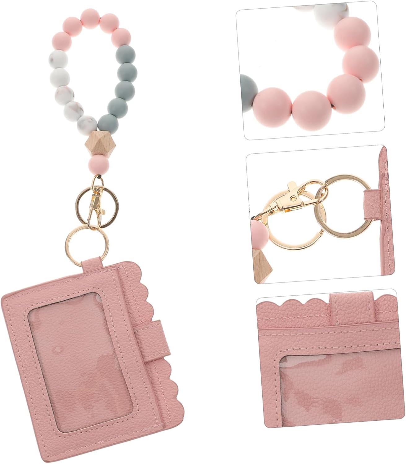 Pink Beaded Bracelet Key Ring Card Pouch Leather Wristlet Coin Pocket Portable Outdoor Keychain for Women image number 4