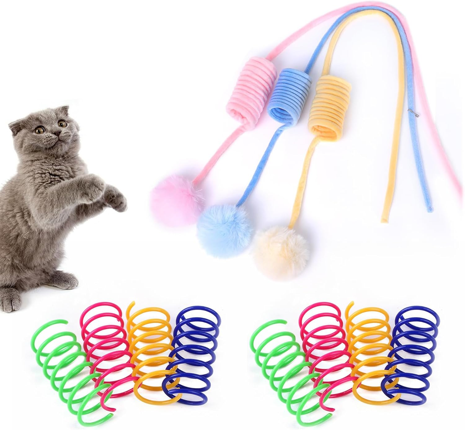 Interactive Toy Set for Cats, 3 Pieces Cat Toy Self-Employment Hanging Door Frame for Indoor with Suction Cup, 8 Pieces Colourful Plastic Spiral Springs Spiral Cat Toy image number 1