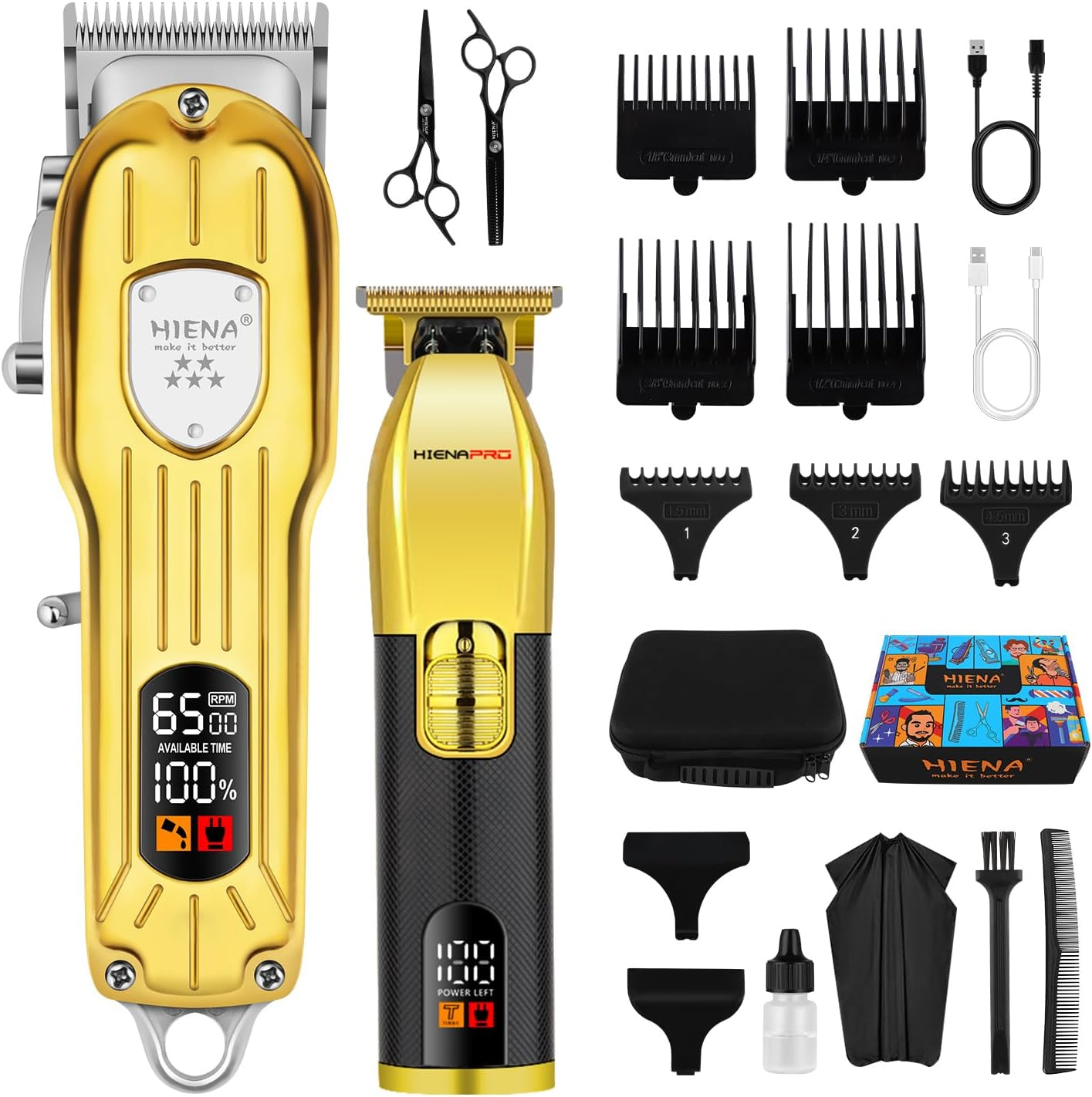 HIENA PRO Hair Trimmer Kit for Men, Hair Trimmer Kit, Beard Trimmer, Battery Hairdresser, Professional Hair Cutting Set, Beard Trimmer (Gold Black) image number 1