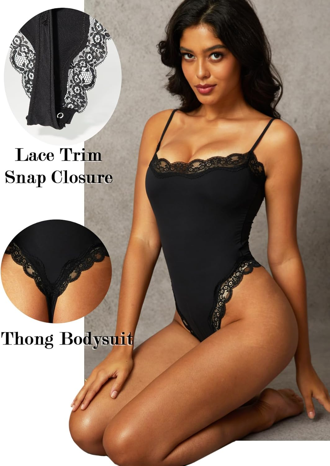 Navneet Women Sexy Lace Bodysuit Lace Trim High Cut Thong Spaghetti Strap Cami Bodysuit Going Out Tank Tops Body Suit image number 3