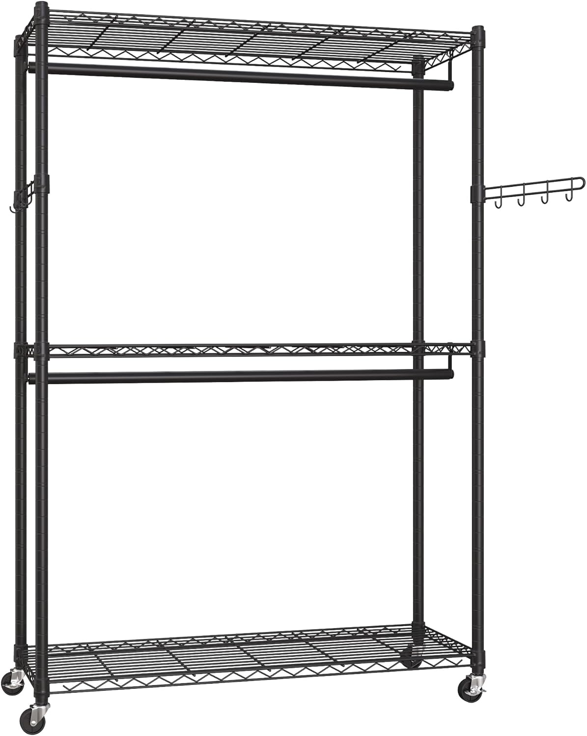 SONGMICS Garment Rack, Heavy-Duty Rolling Clothes Rack, Portable Closet Rack, 43.3-Inch Wide Clothing Rack on Wheels, with Adjustable Mesh Shelves and Hanging Rails, Hooks, Ink Black ULGR414B01 image number 3