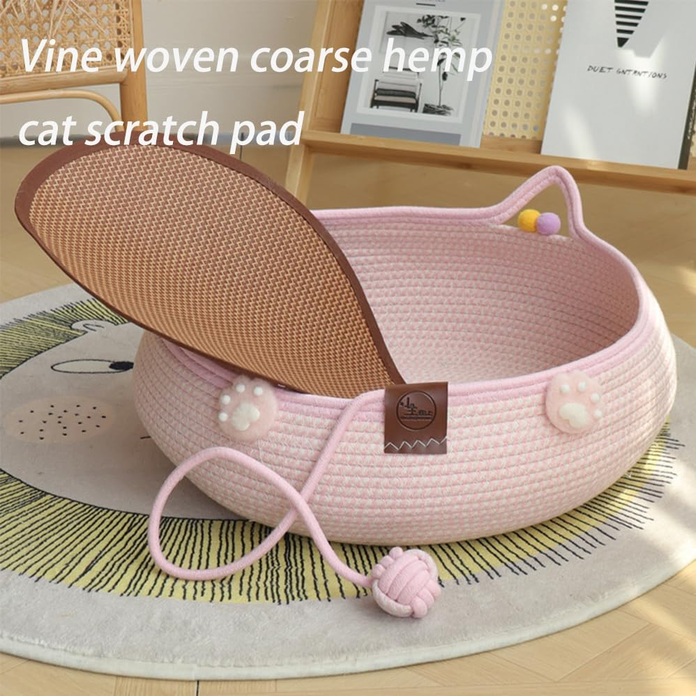 Natural Cat Bed Rattan,Hand Woven Cat Bed with Toy Tail,Washable Cozy Cat Mat Scratcher round Shape for Indoor Cats,Kitten Shaped House Natural Cotton Linen Cat Scratch Pad,Breathable and Odorless image number 1