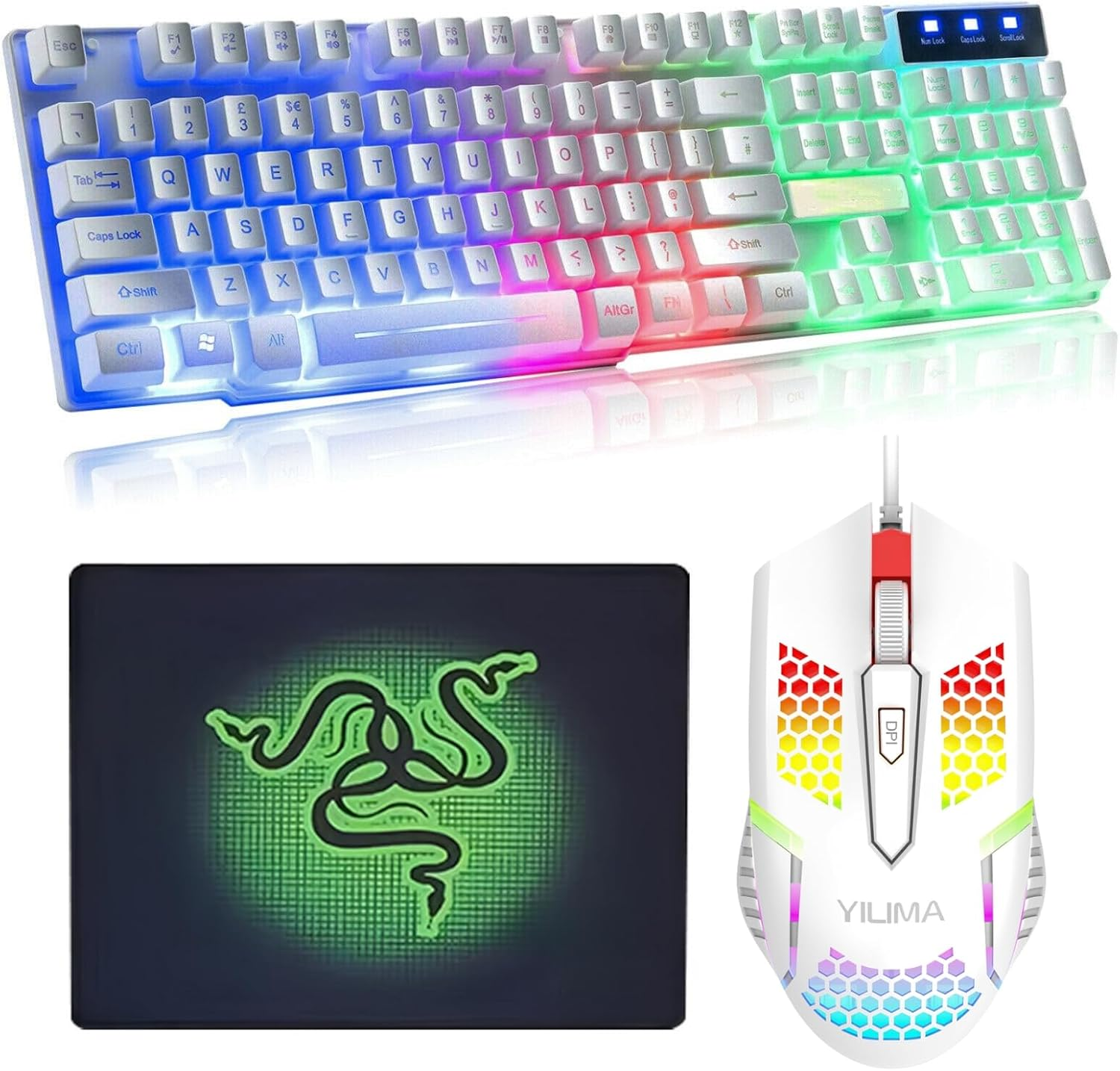 Gaming Keyboard Mouse and Mouse Pad Combo Set- Ergonomic Rainbow RGB Backlight USB Wired for PC Laptop for Working Gaming - Keyboard, Mouse, Pad (Black)
