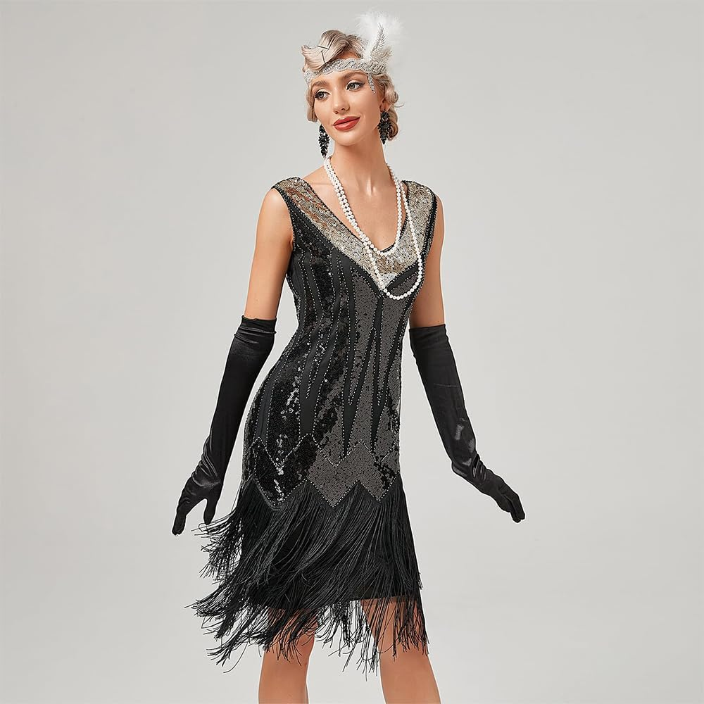 AUTOWT 1920S Women'S Flapper Dresses, V Neck Beaded Fringed Great Gatsby Roaring 20'S Costume Dress for Halloween Christmas Theme Party image number 5