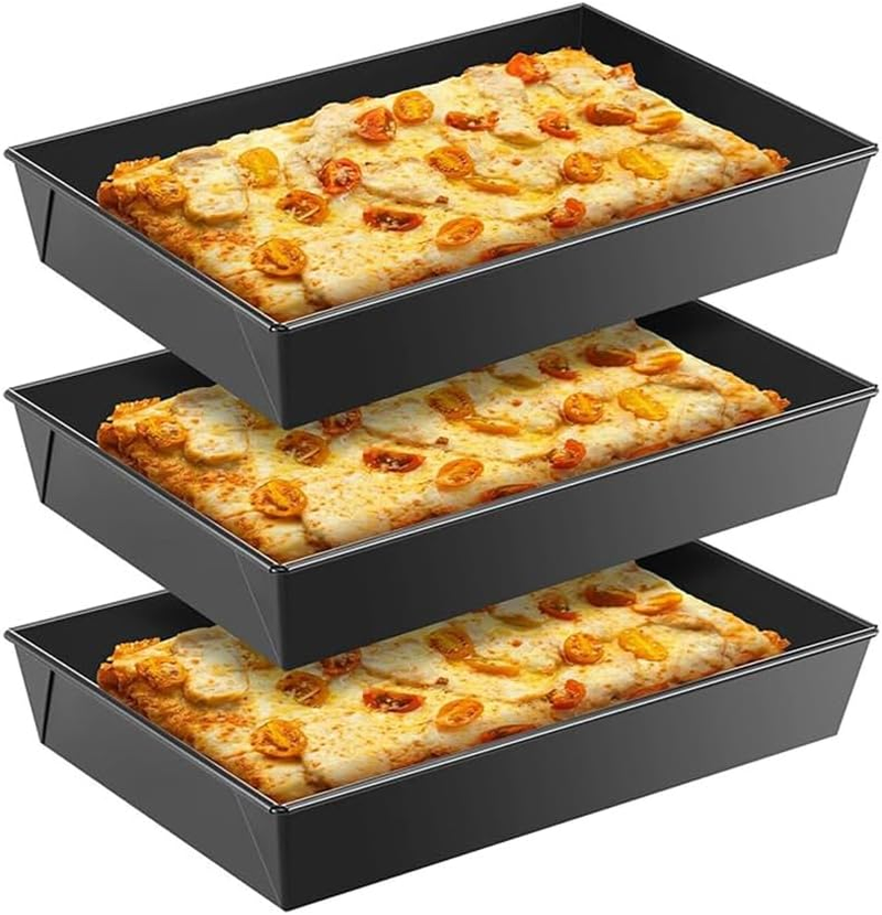 3 Pieces Deep Pizza Pans, Detroit Style Pizza Pans, Bread Baking Tools, Rectangular Deep Non-Stick Cake Tray, Pre-Seasoned Bakeware Kitchenware, Baking Oven Dessert Tray(Black) image number 2