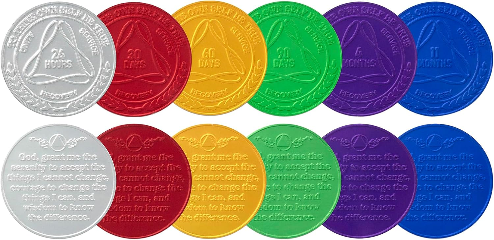 Infinity Aluminum AA Meeting Newcomer Sobriety Chips/Coins/Tokens - Complete Set of 12 Medallions - Includes: 24 Hours, 30/60/90 Days, 4/5/6/7/8/9/10/11 Months image number 1