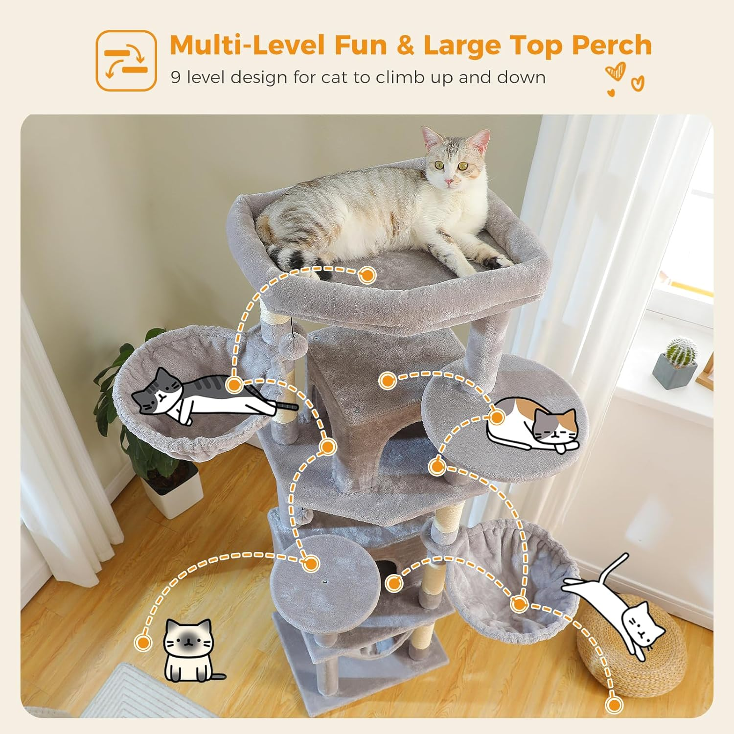 PAWZ Road Cat Tree, 181Cm Cat Tower for Indoor Large Cats, Cat Furniture with 2 Spacious Cat Condo, Large Top Perch,2 Hammock(Dia=35Cm), 2 round Perches,Sisal Covered Scratching Post.Grey - Pink image number 2