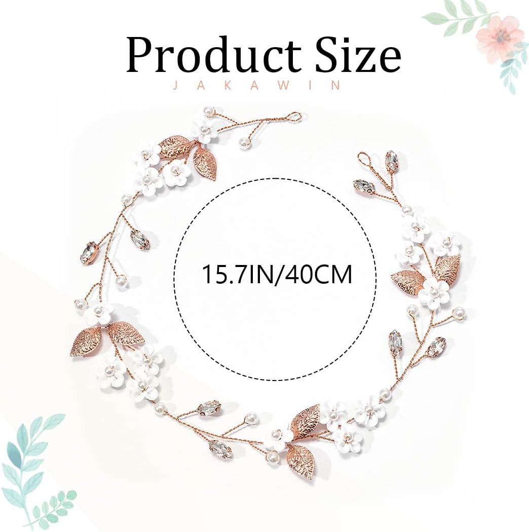 Jakawin Bride Flower Wedding Hair Vine Crystal Hair Piece Pearl Bridal Headpiece Leaf Hair Accessories for Women and Girls HV103 (Rose Gold) image number 4