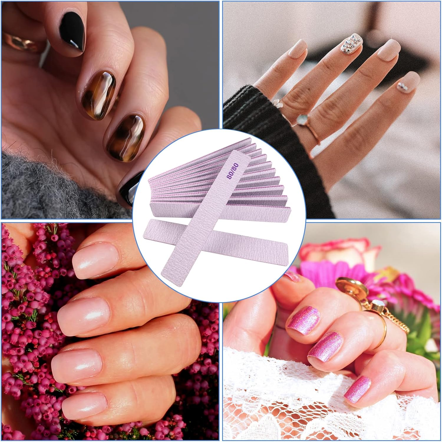 80/80 Grit Nail Files, Emery Boards Nail File for Acrylic and Gel Nails, Coarse Nail File Double Sided 80 Grits Emory Professional Filers Reusable Washable Manicure Square Gray image number 3