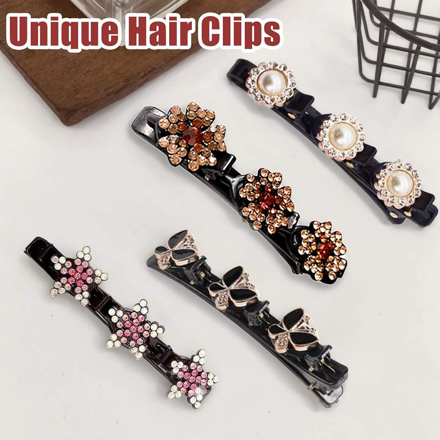 WATUNID 16 Pieces Glitter Crystal Stone Braided Hair Clips, Rhinestone Pearl Four Leaf Clover Rose Flower Double Layer Section Hair Clip with 3 Small Clips, Hair Accessories for Women image number 1