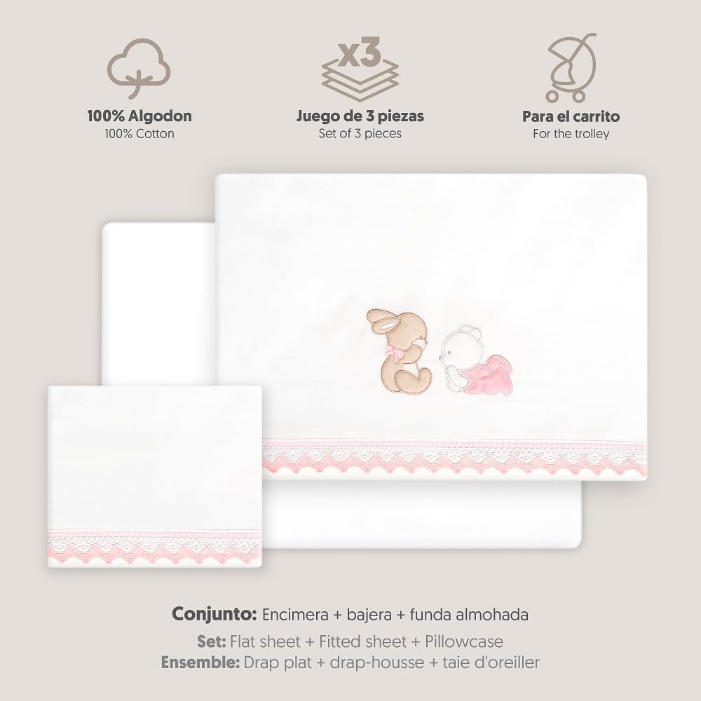 Interbaby Cotton Baby Bedding - Car/Moses/Carrycot - Bear Rabbit Lying down - 3 Piece Set - Fitted Sheet + Duvet Cover + Pillowcase image number 5