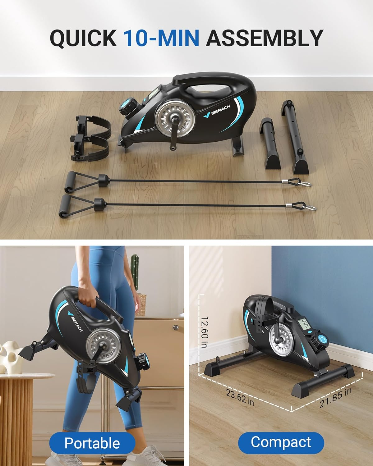 Under Desk Bike Pedal Exerciser, Quiet Magnetic Mini Exercise Bike with MERACH App for Arm, Leg Recovery, Physical Therapy, Smooth Foot Desk Cycle with 2 Resistance Bands & Non-Slip Mat - Black image number 4