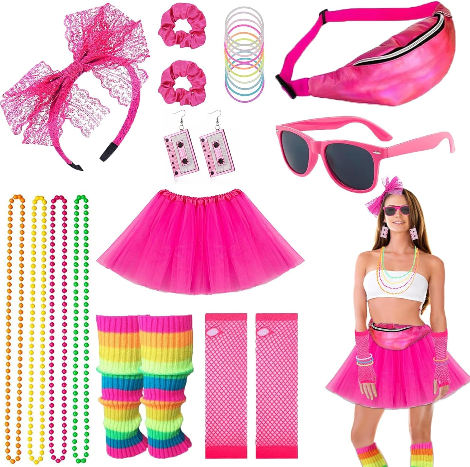 26Pcs 80S Fancy Dress for Women,Neon Clothes Costume Set with Lace Bow Headband,Sunglasses,Hair Scrunchies,Necklace,Earring,Tutu Skirt,Leg Warmers,Fishnet Gloves,Waist Packs (Pink)