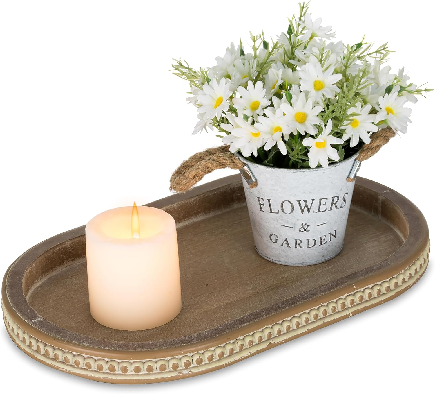 Hanobe Decorative Tray round Coffee: Beaded White Circle Serving Tray Bohotable Centerpiece Decor Vintage Rustic Wood Kitchen Counter for Living Room Home Bathroom