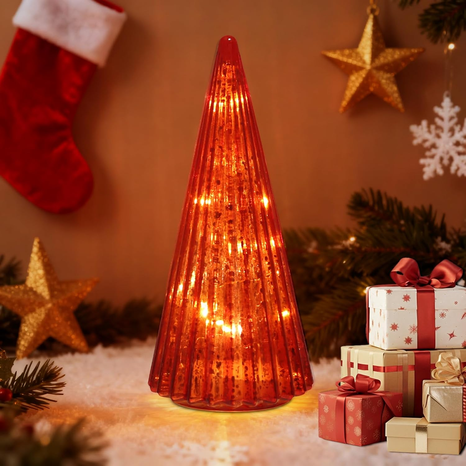Mercury Glass Christmas Tree with LED Lights,Upgraded Table Top Christmas Tree Decorations with Timer,Widely Applicable to Party,Holiday Home and Mantel Decor (Gold)