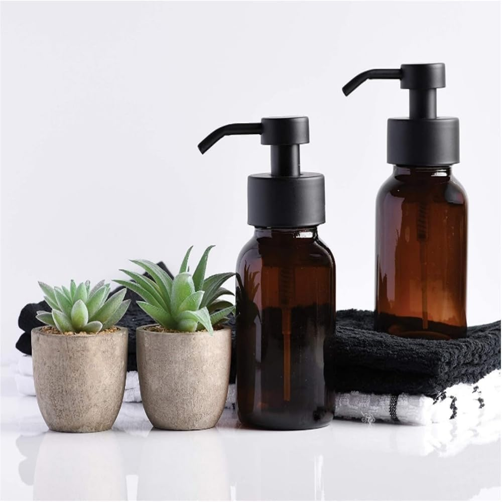 HIDOSNG Foaming Soap Dispenser, 2 Pack Amber Glass Foam Soap Dispenser for Bathroom & Kitchen, Modern Refillable Foaming Hand Soap Dispenser, Foam Pump Bottle with Waterproof Labels 8.5 Oz image number 3