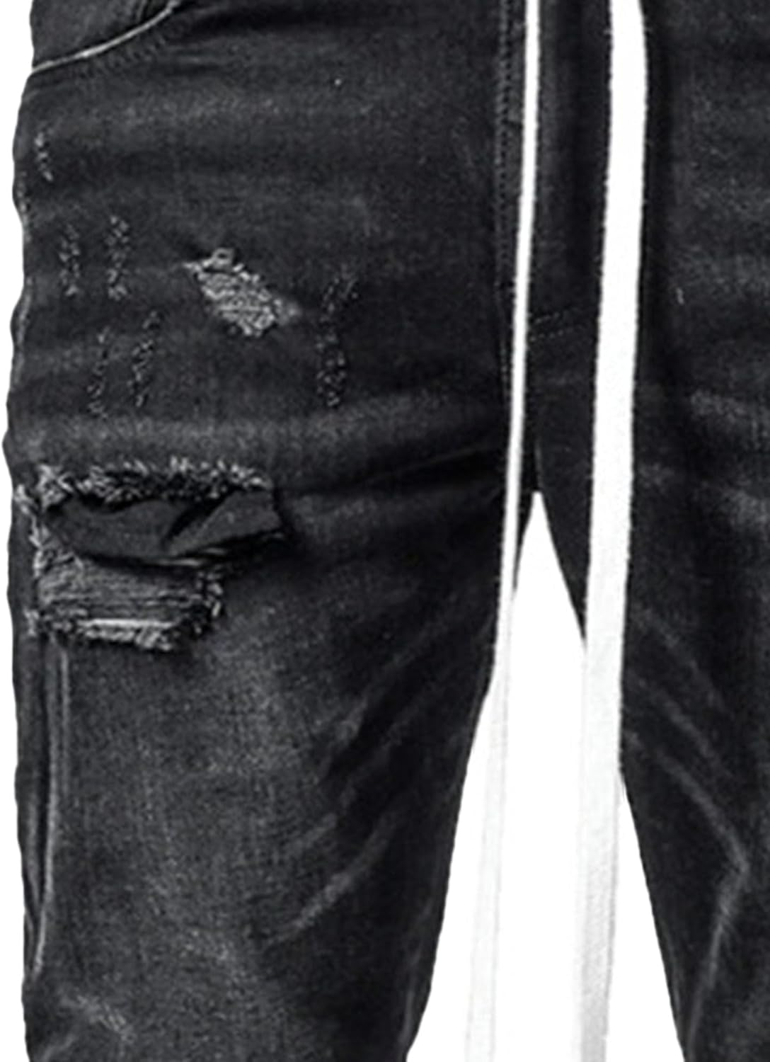 Zylphorix Men Drawstring Stretch Jeans with Holes Casual Elastic Ripped Skinny Denim Pant Y2K 90S Mid Waist Pencil Trouser, Black, Small image number 3