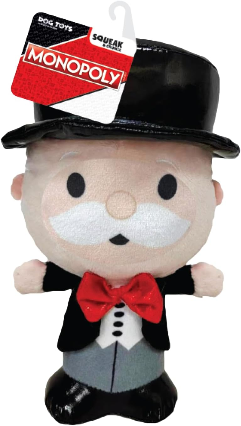 Hasbro Monopoly Mr. Moneybags Plush Dog Toy, 7-Inch Squeaker and Crinkle Toy for Dogs, Tan/Black
