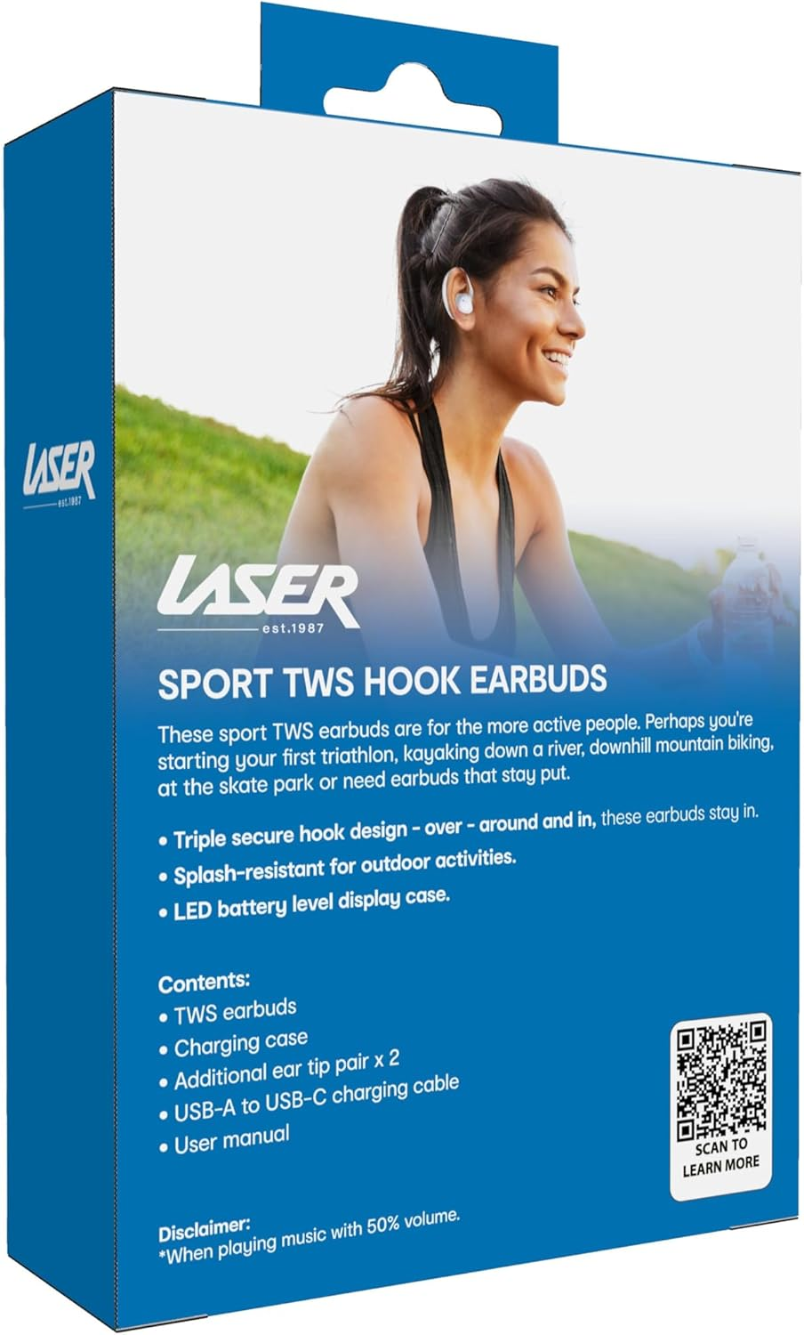 Laser Sport TWS Hook Wireless Earbuds - LED Display, IPX5 Water Resistant, Soft Silicone Ear-Hooks, Customisable Fit (S, M, L), Long Battery Life, Bluetooth,Touch Control, Fast Charge, Built-In Mic image number 3