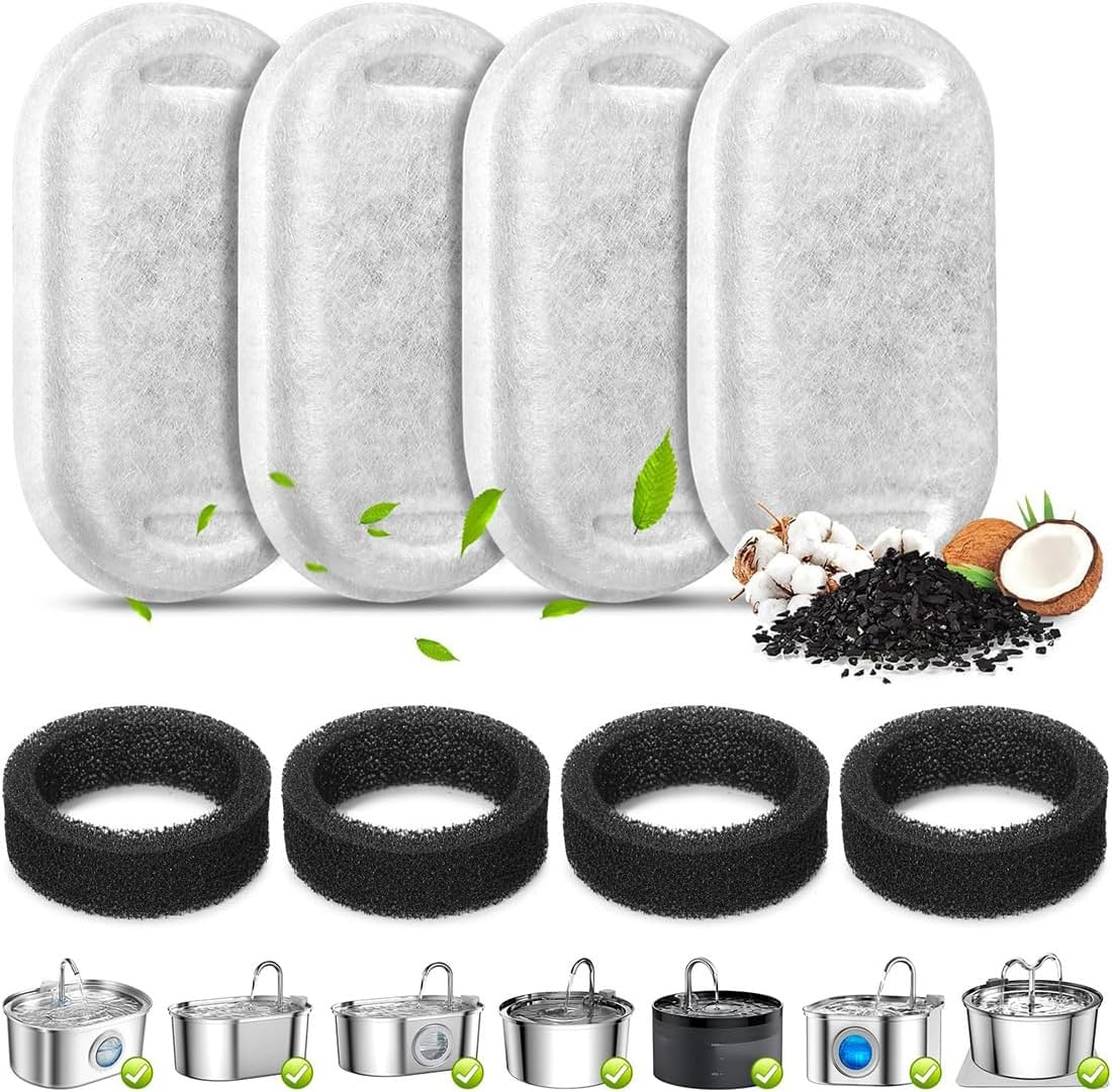 8 Filters for Cat Fountain, Replacement Filter for Drinking Fountain, 4 Pieces Filters + 4 Pieces Foam Filters, Filtering Hair (Sponge), for Stainless Steel Drinking Fountain for Cats and Dogs image number 2