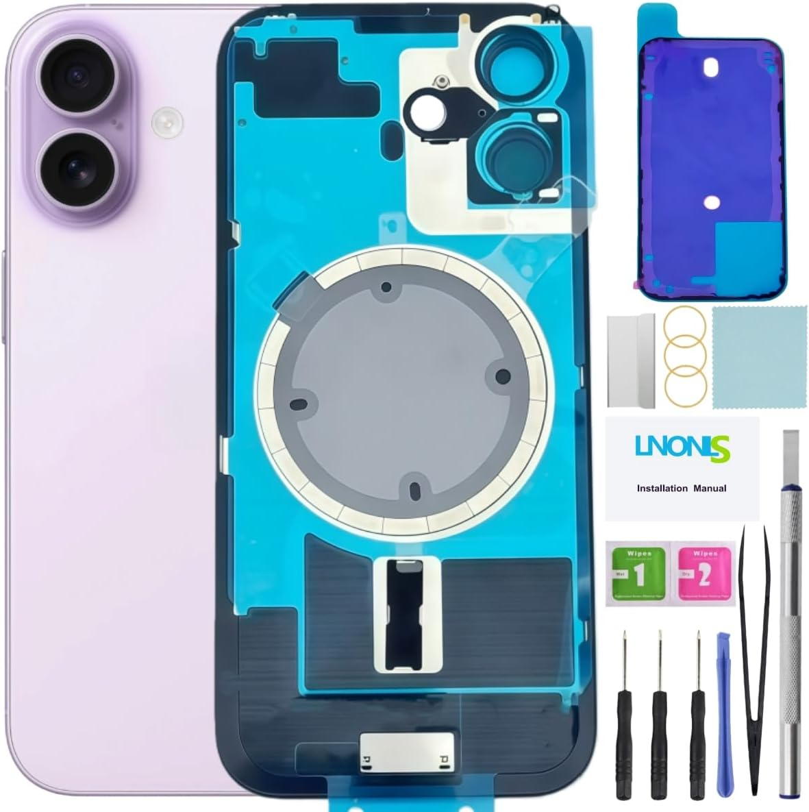 17 Back Glass Replacement for Iphone 17 Rear Back Cover Glass with Frame Magesafe Waterproof Professional Repair Tool Kit (Lavender)