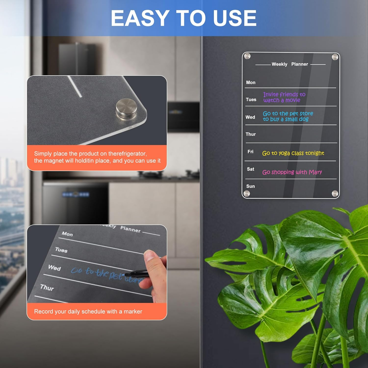 2-Pack Magnetic Fridge Calendar 30X24Cm, Acrylic Calendar Weekly Planner Set with 6 Wet Erase Markers,Magnetic Storage Pouch,And Eraser,Fridge Planner for Home, Office,And Kitchen image number 1