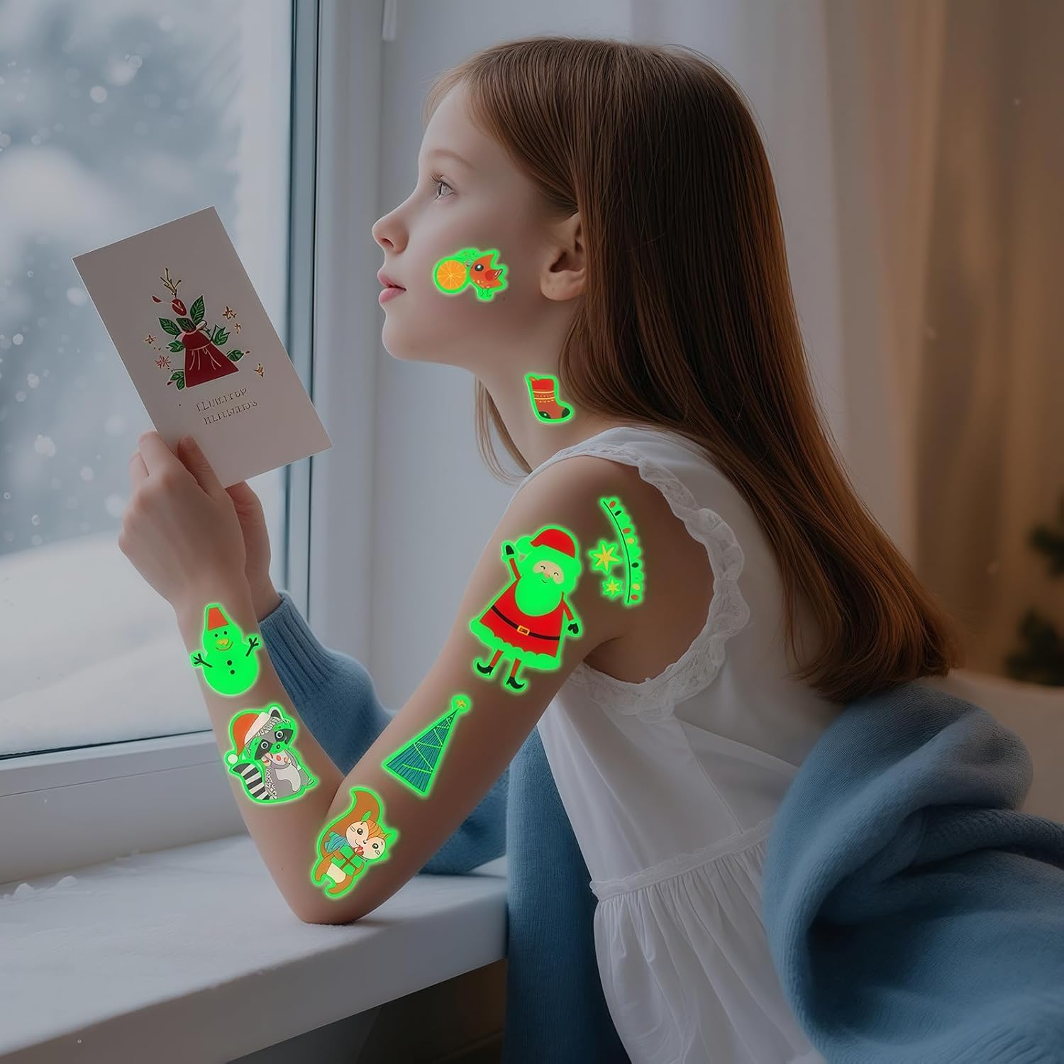 Christmas Tattoo Stickers，Luminous Christmas Temporary Tattoos for Kids-120 Pieces Christmas Glow in the Dark Tattoos Stickers（10 Sheets) Christmas Party Favors for Kids Stocking Stuffers and Gifts image number 1