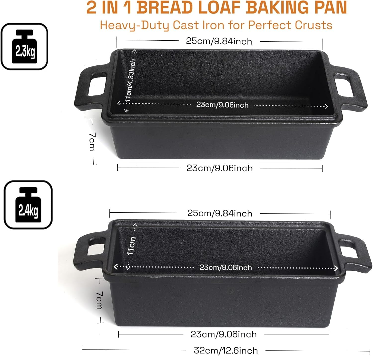 2-In-1 Cast Iron Bread Loaf Pan Tin with Lid &ndash; Dual Use Baking Dish with Ergonomic Handles, Pre-Seasoned for Oven Cooking image number 1