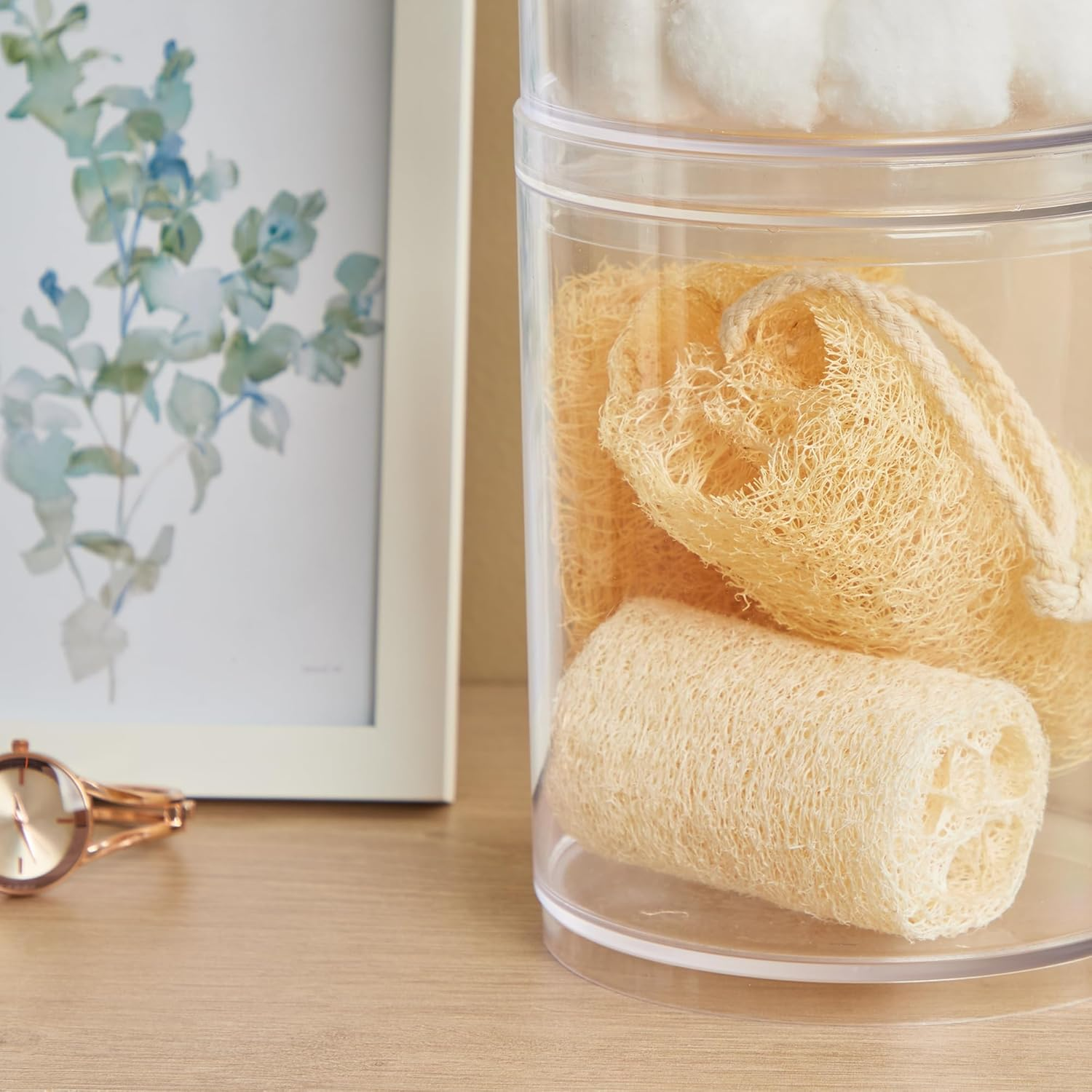 Stori Bella 2-Piece Stackable Clear Tall Plastic Container Set | round Vanity Storage Organizers with Lids for Hair Accessories & Beauty Supplies | Made in USA image number 4