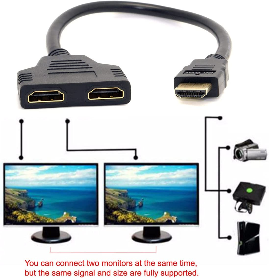 Cablecc HDMI Male to 2 HDMI Female 1 in 2 Out Splitter Cable Adapter Converter image number 6